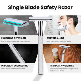 Keropy razor displayed on a countertop with shaving accessories