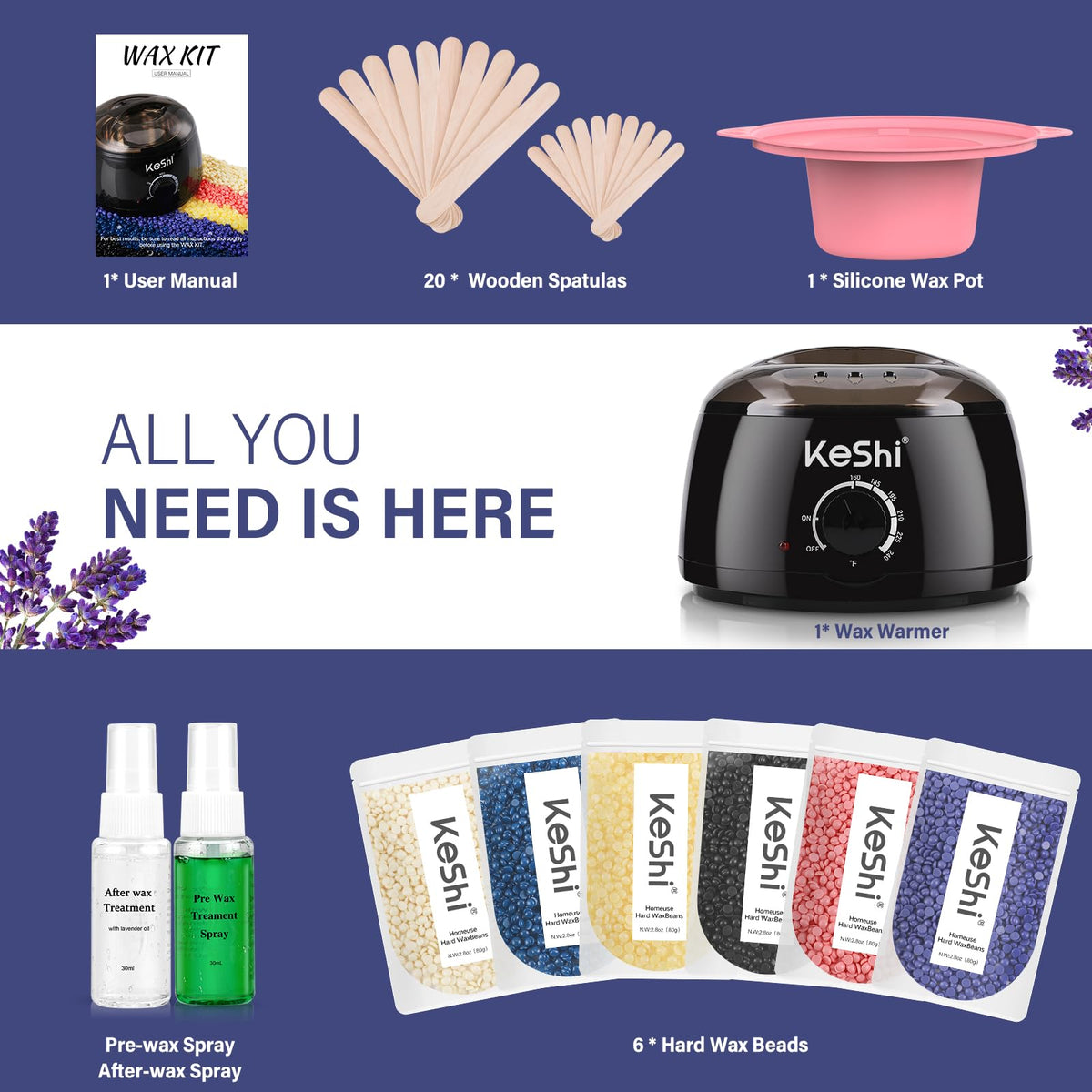 KeShi Waxing Kit includes 6 bags of hard wax beans