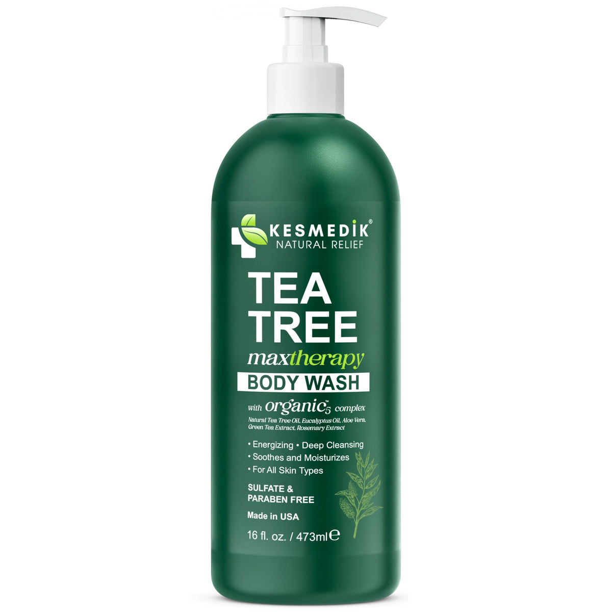 KESMEDIK Tea Tree Body Wash 16 fl oz bottle on a countertop