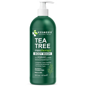 KESMEDIK Tea Tree Body Wash 16 fl oz bottle on a countertop