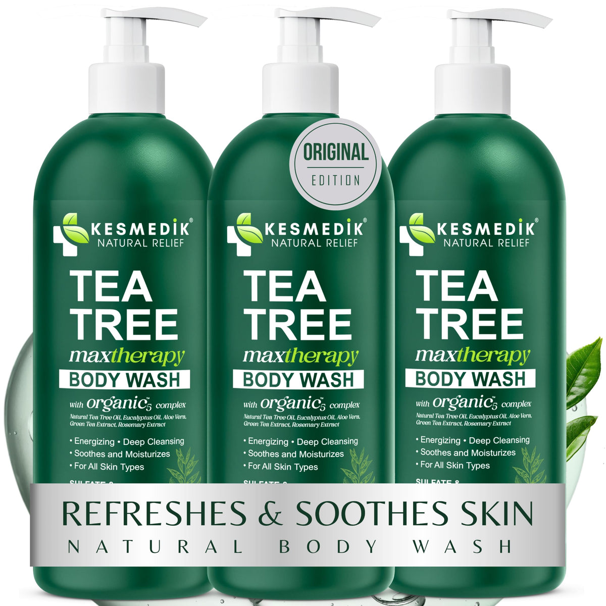 KESMEDIK Tea Tree Body Wash 3-Pack front view with eucalyptus and aloe