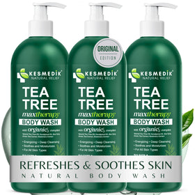KESMEDIK Tea Tree Body Wash 3-Pack front view with eucalyptus and aloe