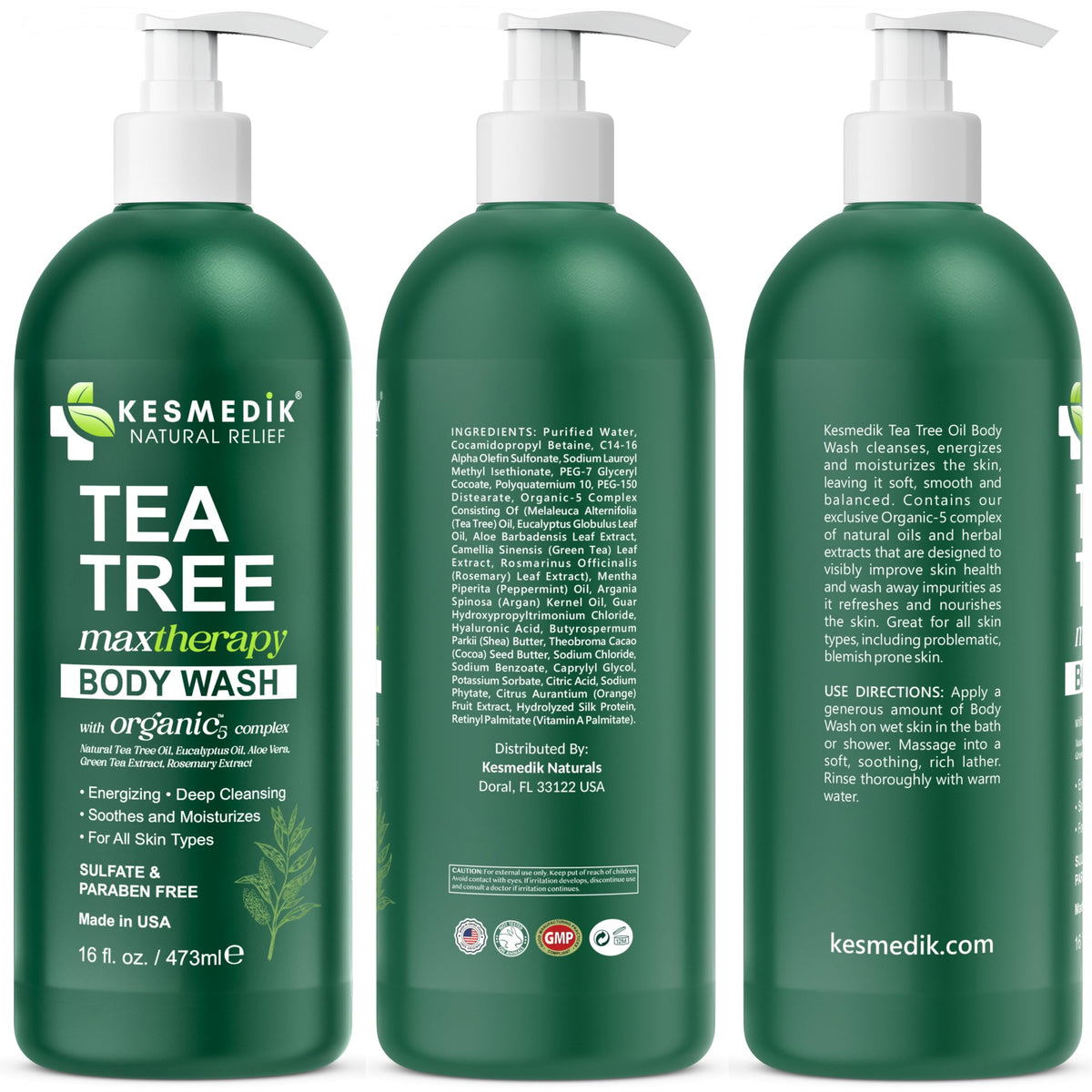 KESMEDIK Tea Tree Body Wash 3-Pack with eucalyptus leaves