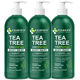 KESMEDIK Tea Tree Body Wash bottle with aloe vera plant