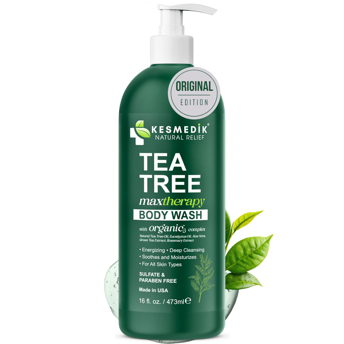KESMEDIK Tea Tree Body Wash front view with eucalyptus and aloe