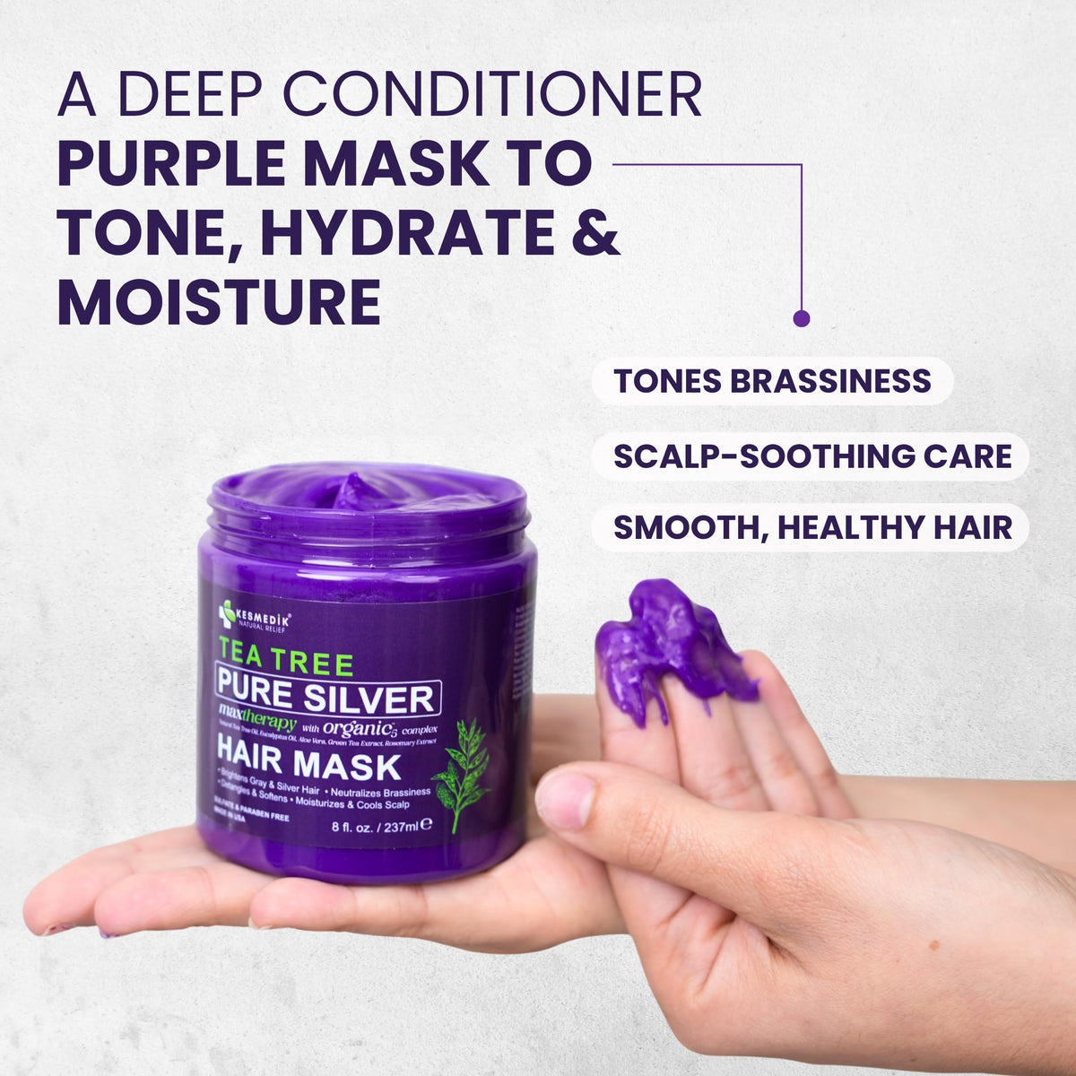 KESMEDIK Tea Tree Purple Hair Mask with argan oil background