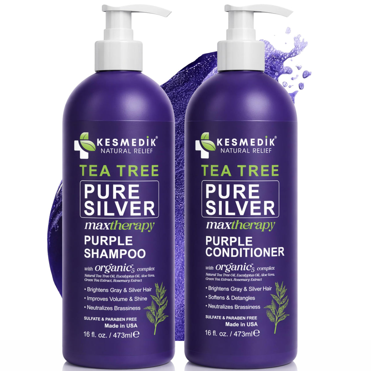 KESMEDIK Tea Tree Purple Shampoo and Conditioner Set front view