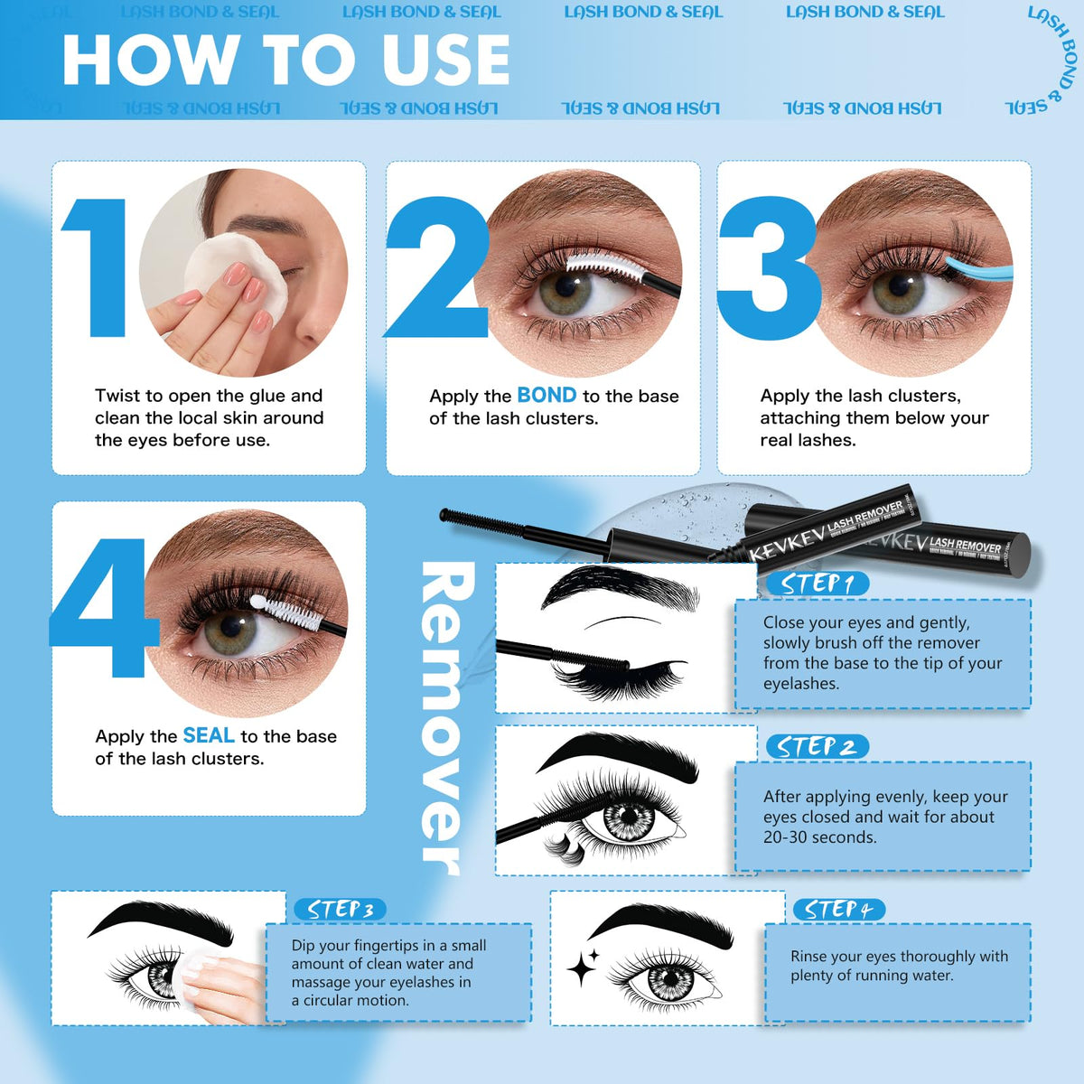 KevKev Lash Cluster Glue Remover Kit showing application process
