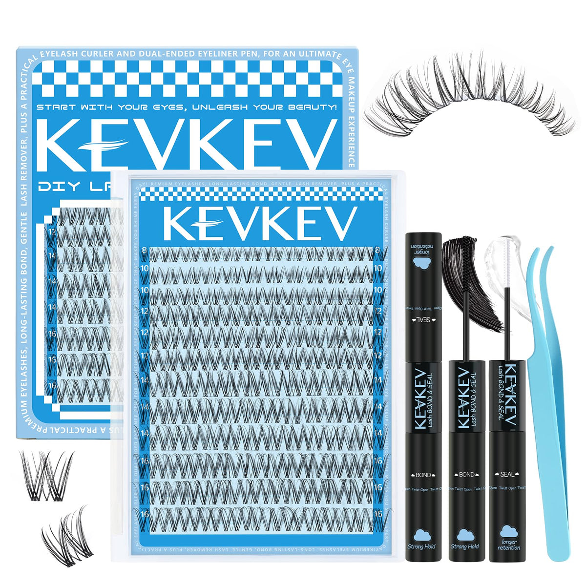KevKev Wispy Lash Clusters Kit front view with multiple lash lengths