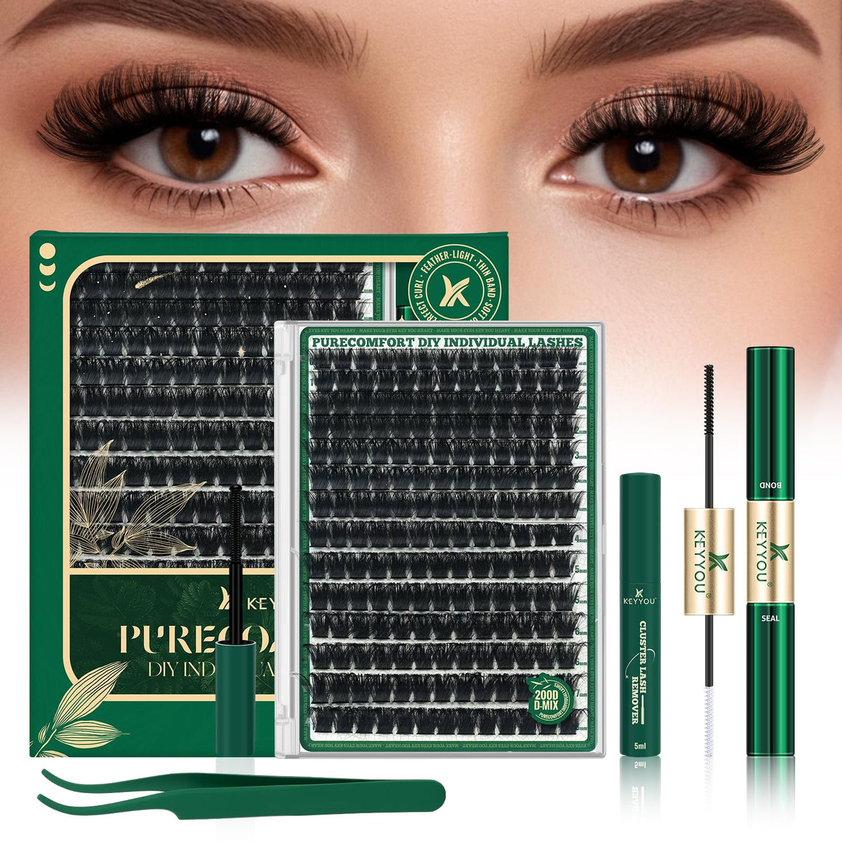 KEYYOU 200D Lash Clusters Kit front view with packaging