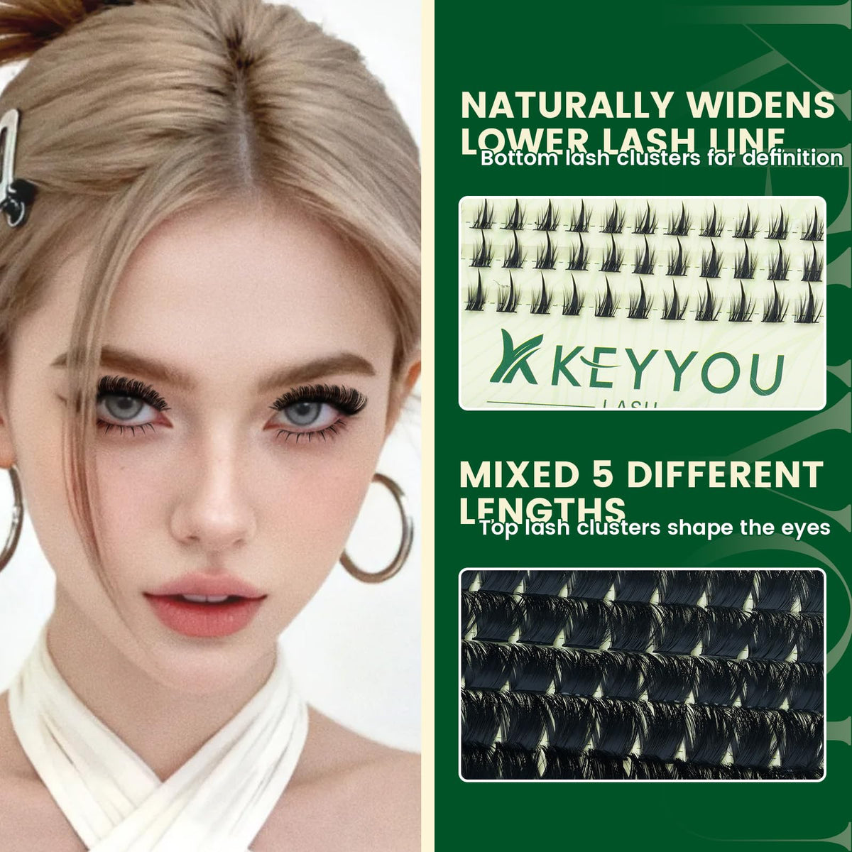 KEYYOU 300D Lash Clusters Kit contents including lash clusters and applicator