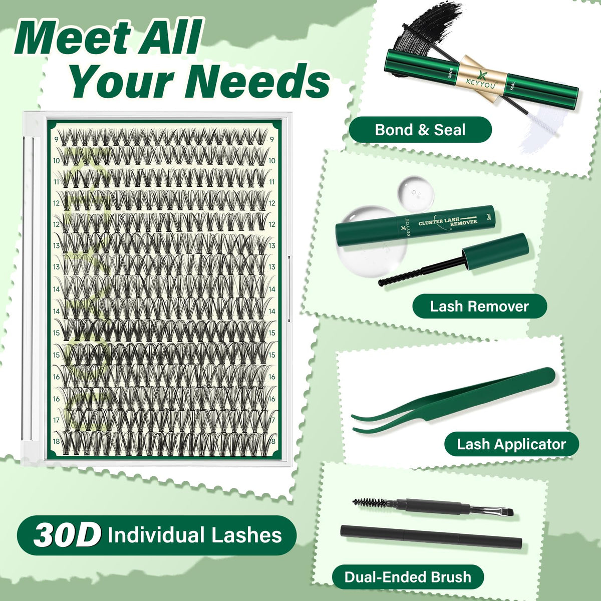 KEYYOU 30D Lash Extension Kit contents including glue and tweezers