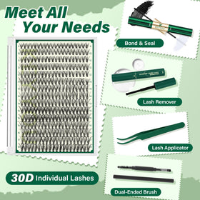 KEYYOU 30D Lash Extension Kit contents including lashes and tweezers