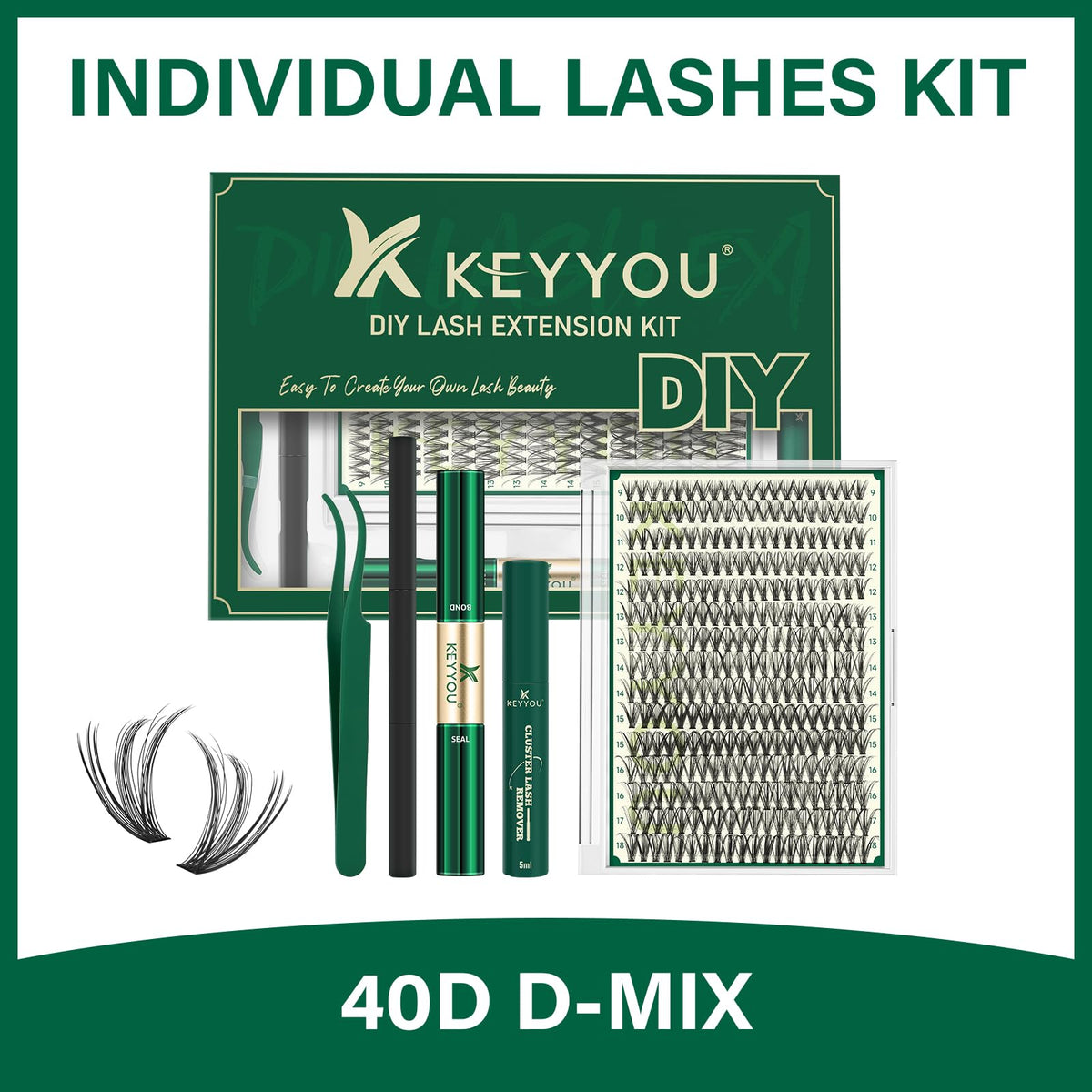 KEYYOU 30D Lash Extension Kit displayed with lashes and tools