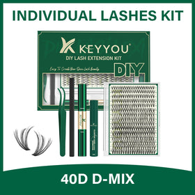 KEYYOU 30D Lash Extension Kit displayed with lashes and tools