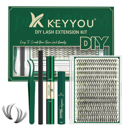 KEYYOU 30D Lash Extension Kit front view with lashes and tools