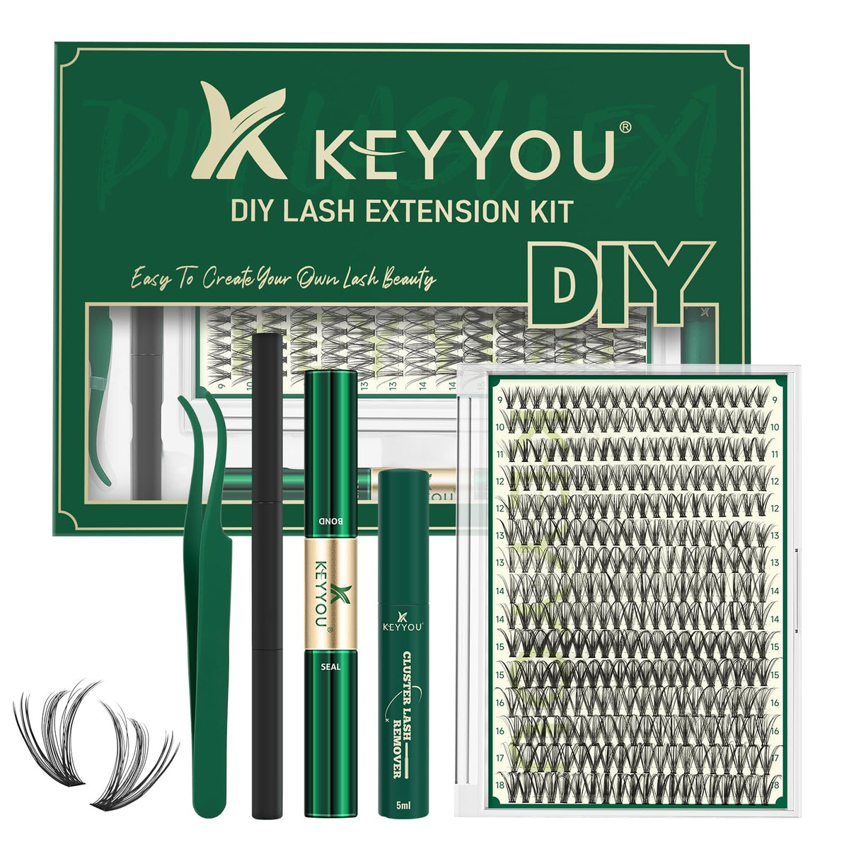 KEYYOU 30D Lash Extension Kit with glue and tools front view