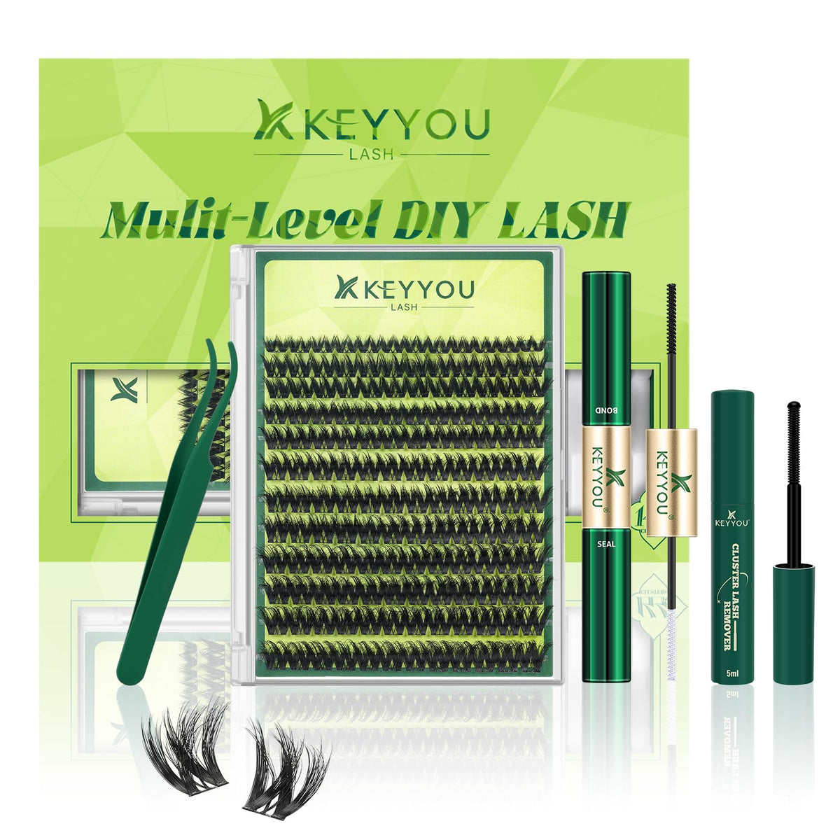 KEYYOU 3D Effect V3D01 Lash Clusters Kit front view with bond and seal
