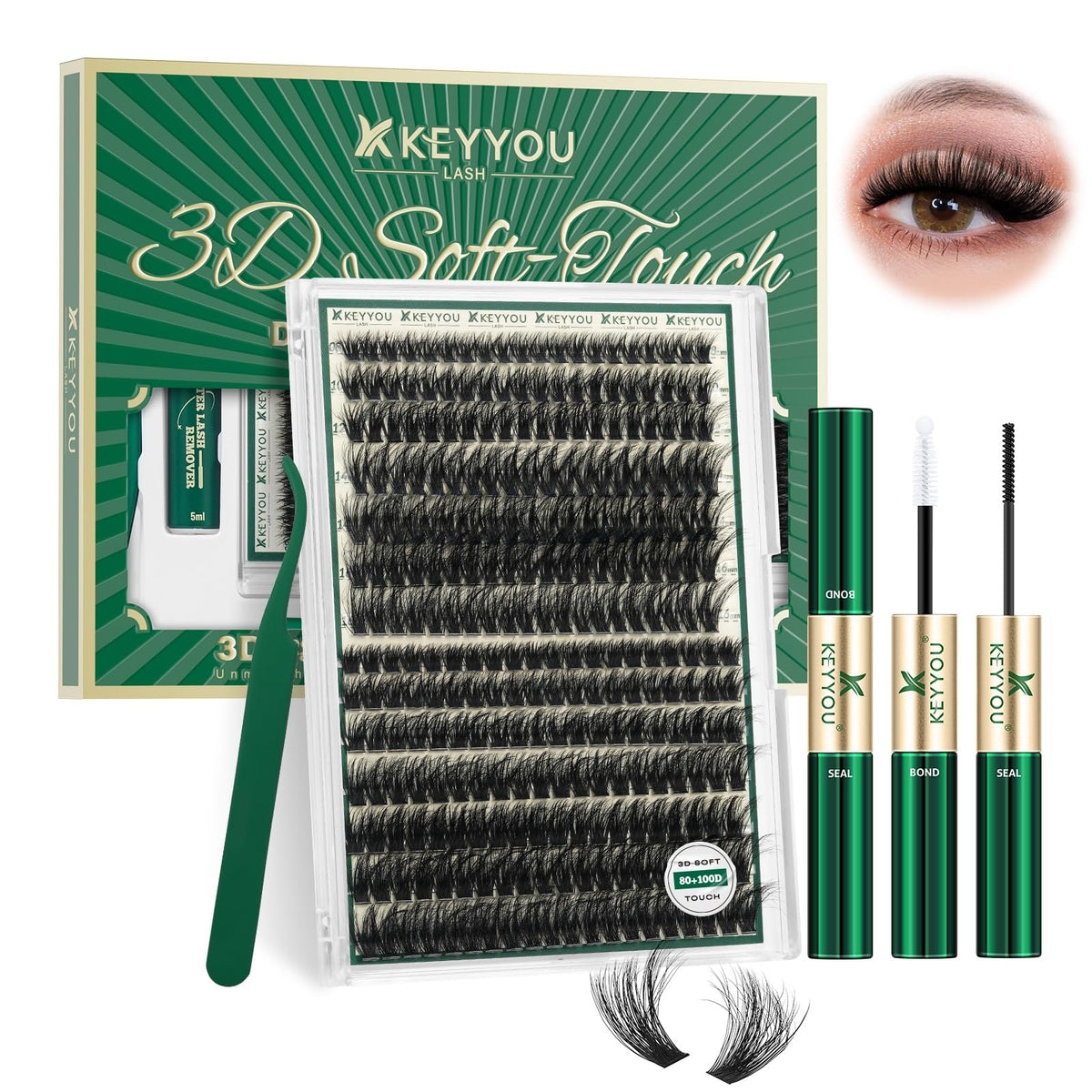 KEYYOU 3D Volume Lash Clusters Kit with tools and accessories