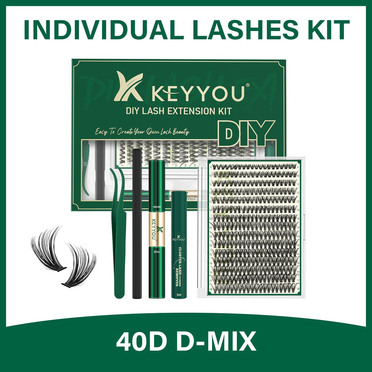 KEYYOU 40D Lash Extension Kit displayed on a vanity