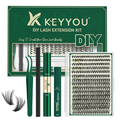KEYYOU 40D Lash Extension Kit front view with lashes and tools