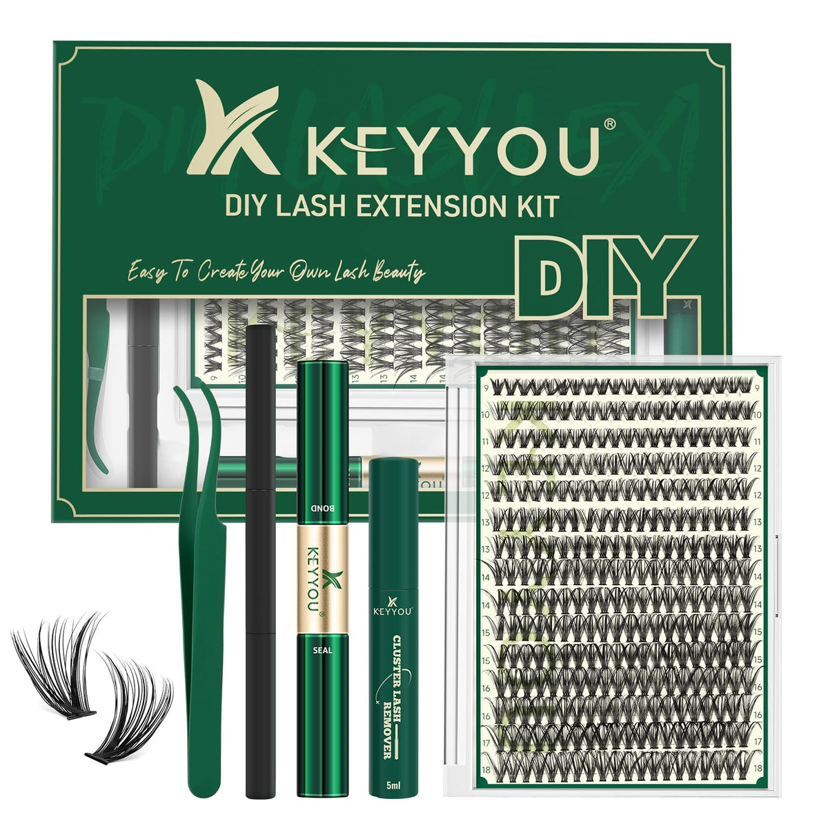 KEYYOU 40D Lash Extension Kit front view with tools and lashes