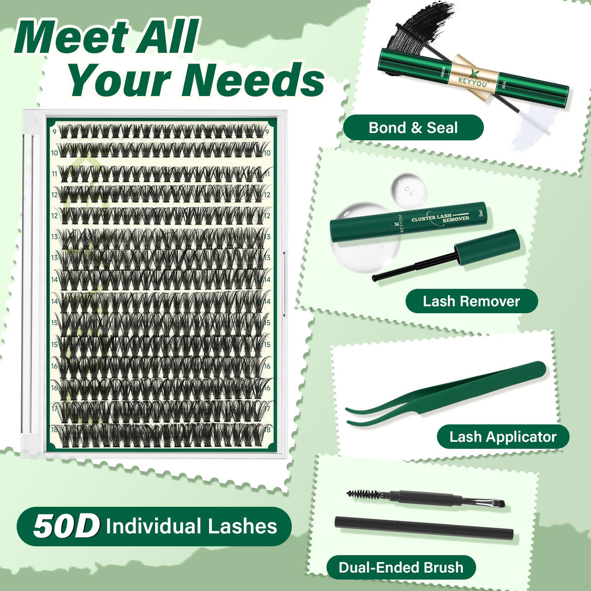KEYYOU 50D Lash Extension Kit contents including glue and tweezers