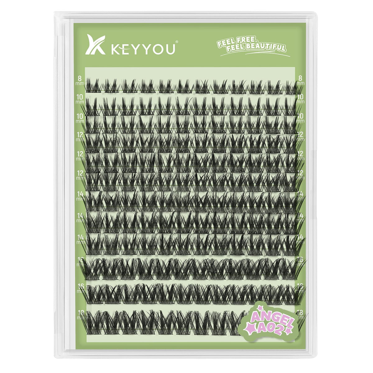 KEYYOU Angel A02 Lash Clusters front view with mixed lengths