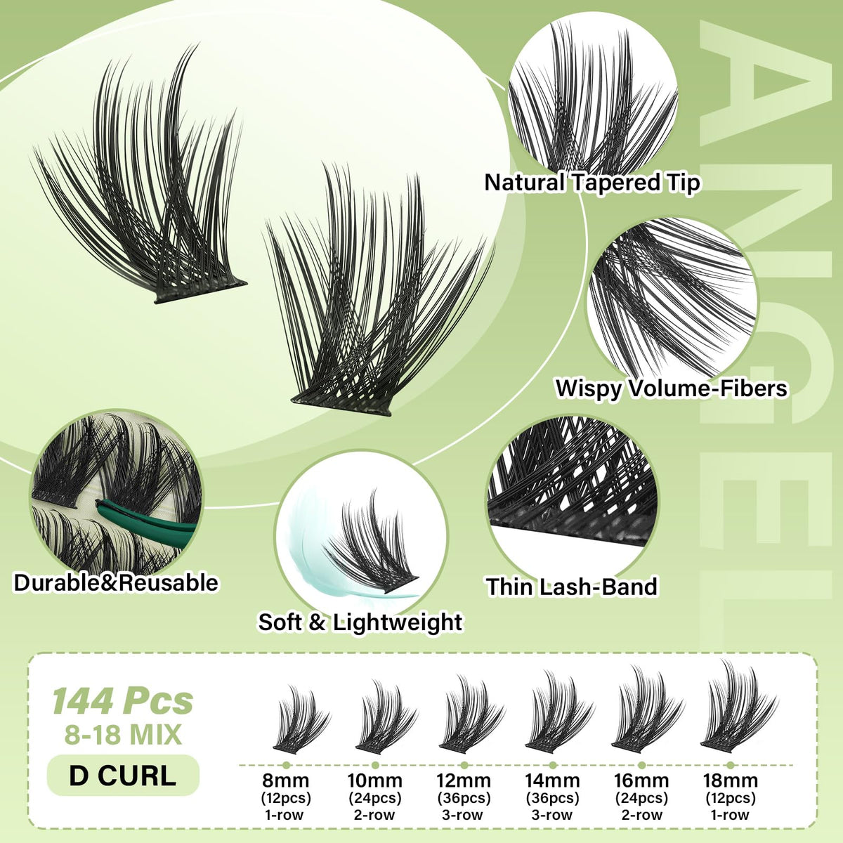 KEYYOU Angel A03 Lash Clusters showing mixed lengths of 8-18mm