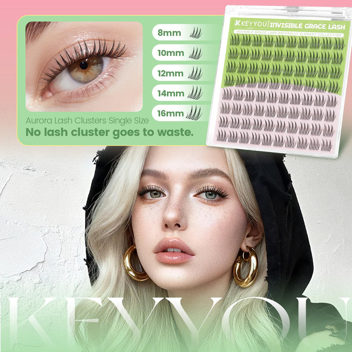 KEYYOU Aurora Lash Clusters C Curl 16MM in use