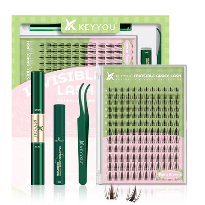 KEYYOU Fairy Brown Lash Clusters Kit showing packaging and contents