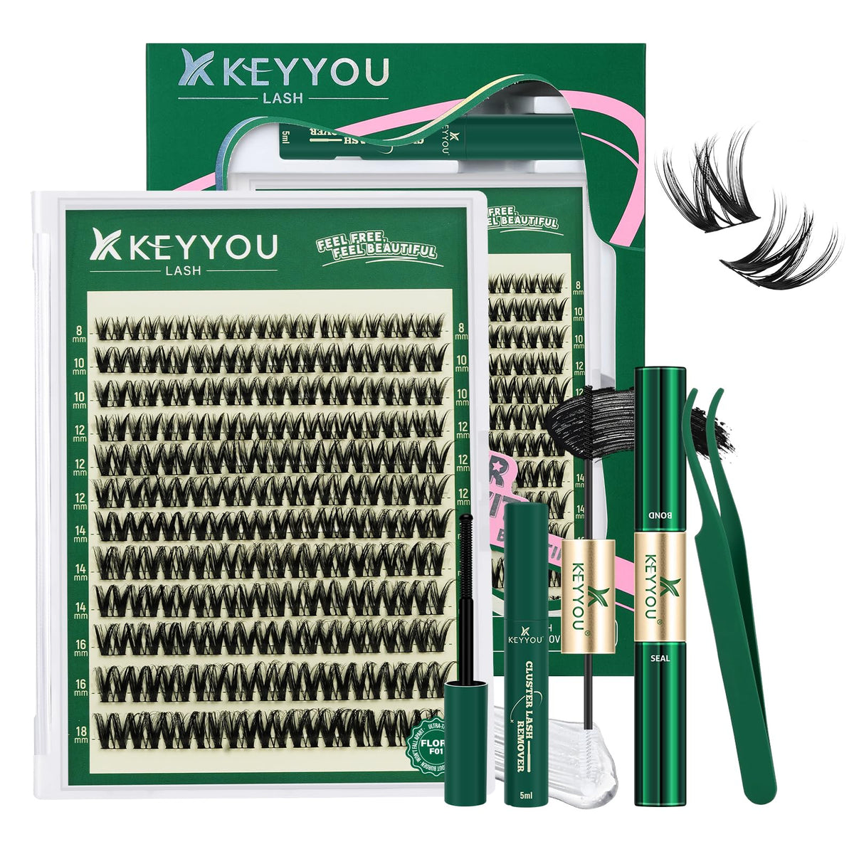 KEYYOU Flora Lash Clusters Kit 132pcs front view with mixed lash lengths