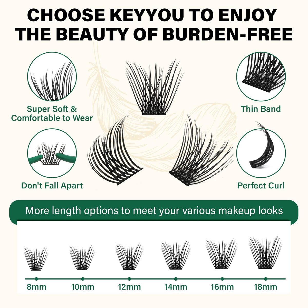 KEYYOU Lash Clusters 10mm D Curl individual lashes