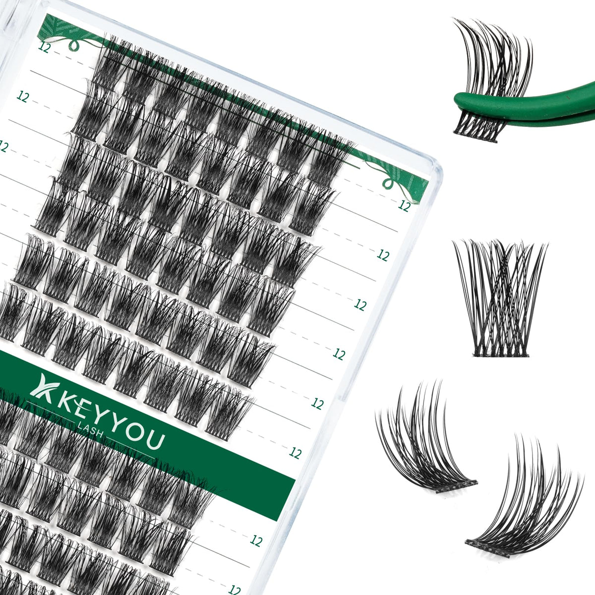 KEYYOU Lash Clusters 96pcs Y11 D Curl 12mm front view
