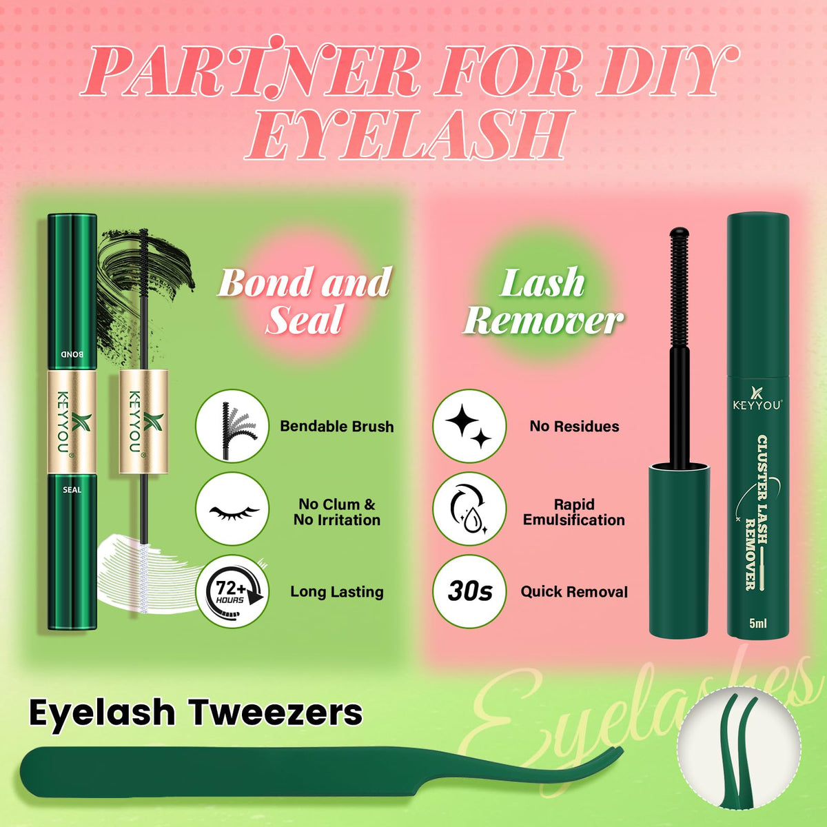 KEYYOU lash clusters displayed on a makeup table