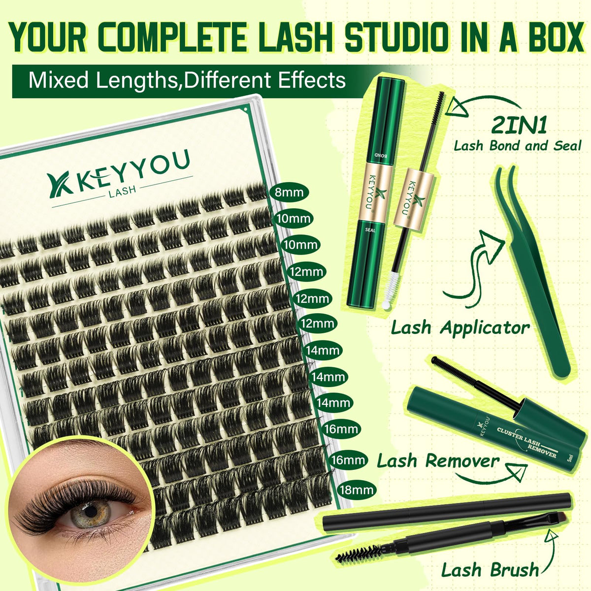 KEYYOU Lash Clusters Kit showing various lash lengths