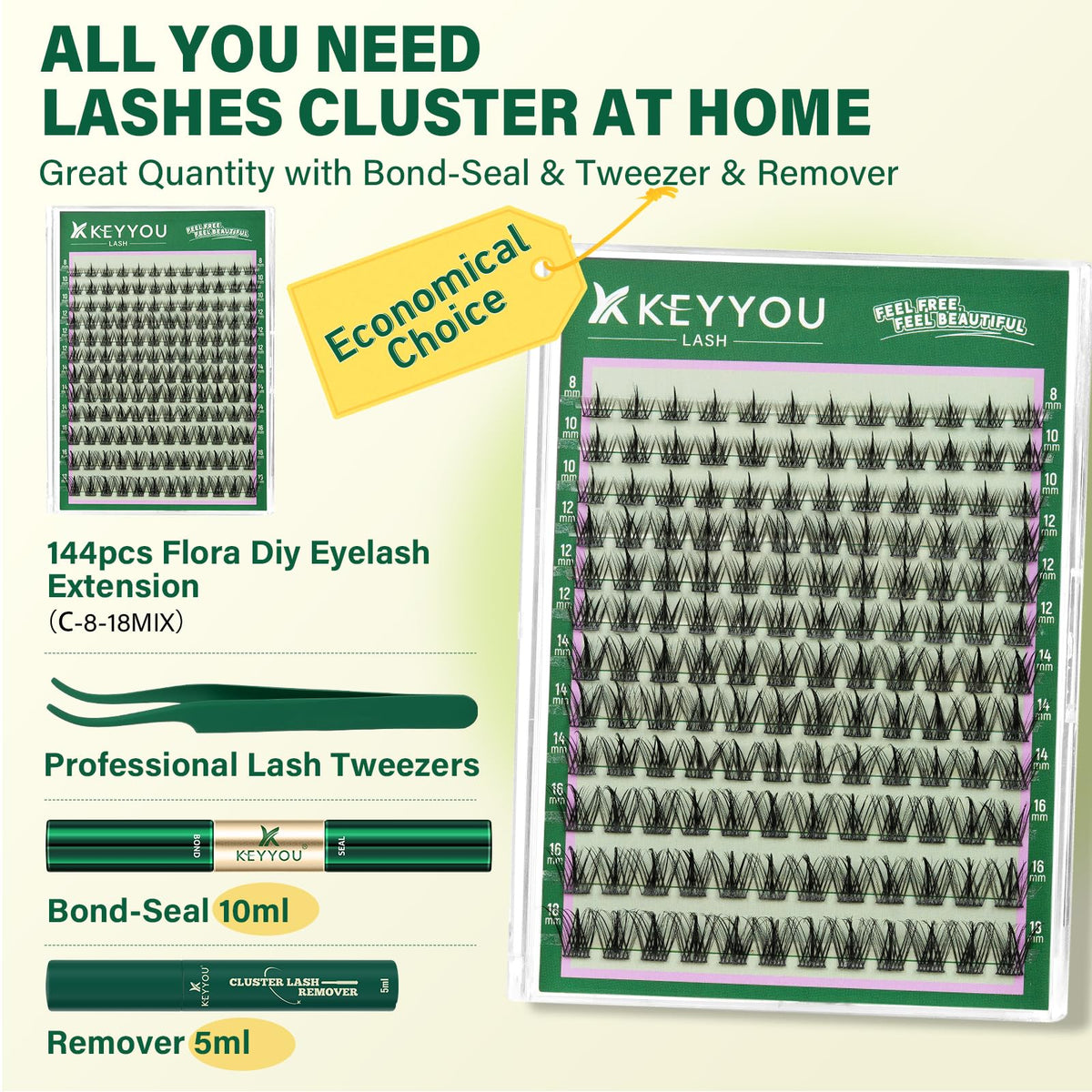KEYYOU Lash Clusters Kit with mixed lengths 8-18mm