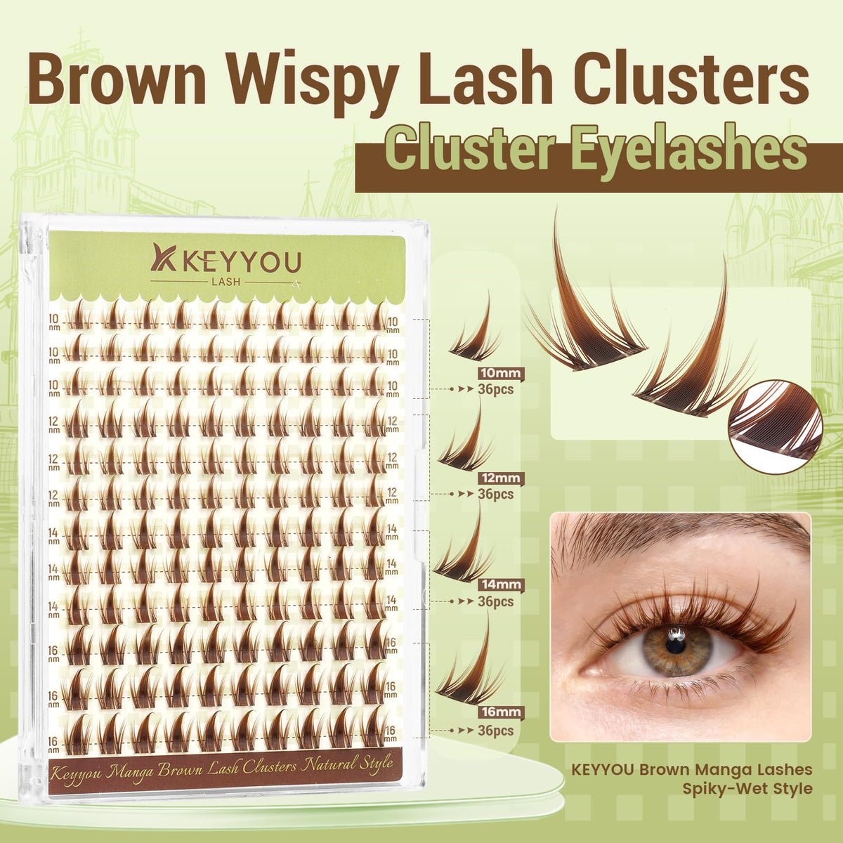 KEYYOU Manga Brown Lash Clusters Kit with tools