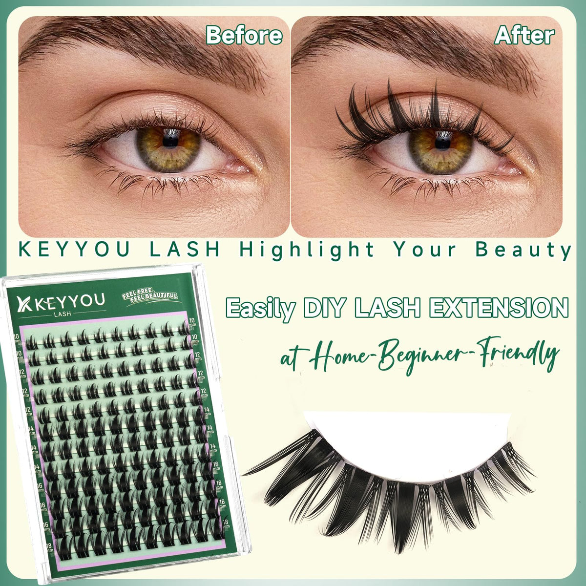 KEYYOU Manga Lash Clusters applied on model showcasing natural look