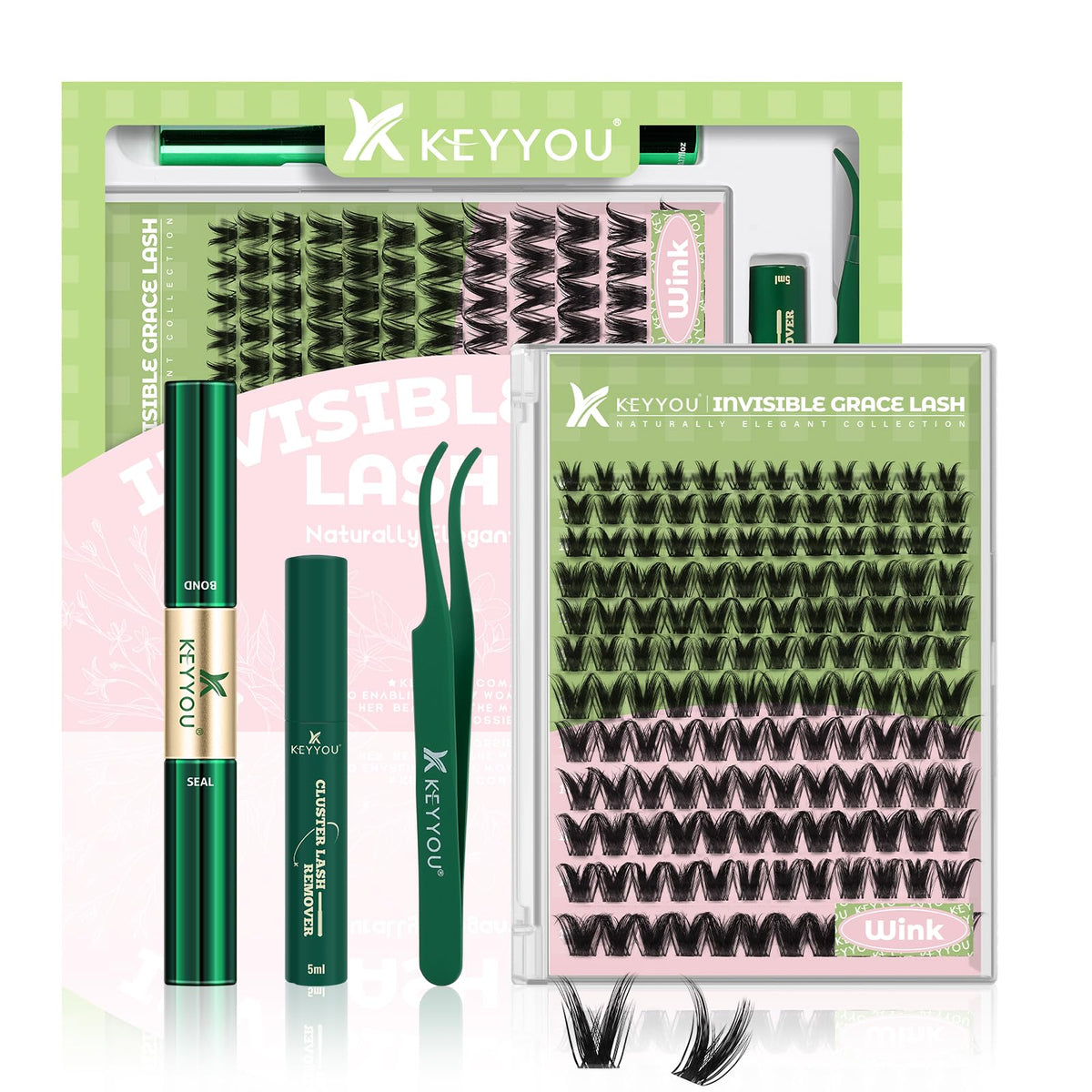 KEYYOU Wink Lash Clusters Kit front view with accessories