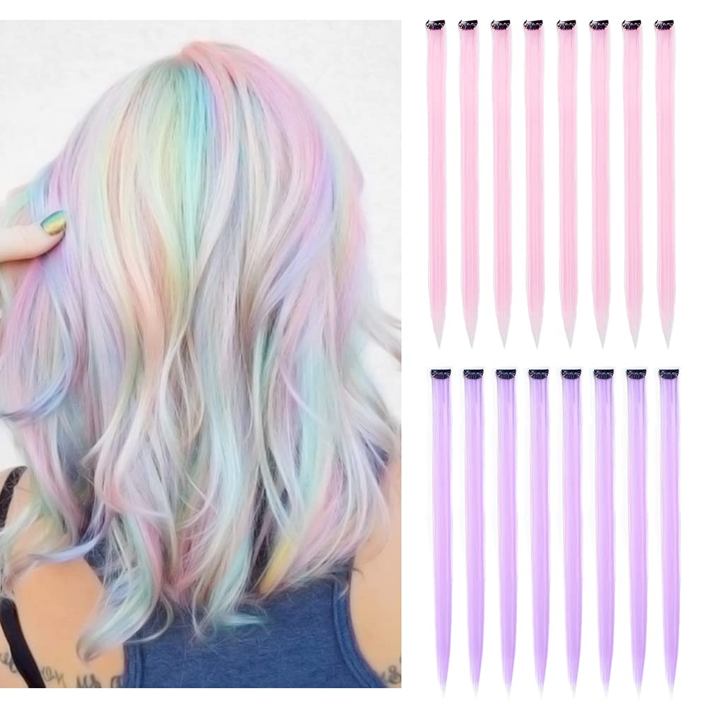 KGBFASS 16Pcs Clip in Hair Extensions in pink and purple front view