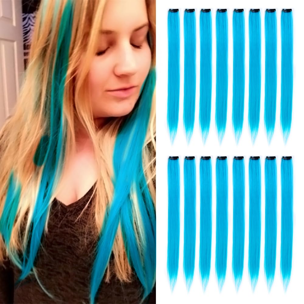 KGBFASS Light Blue Clip in Hair Extensions 20 Inch front view