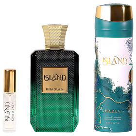 Khadlaj Island 3-Piece Gift Set front view with Extrait de Parfum and deodorant