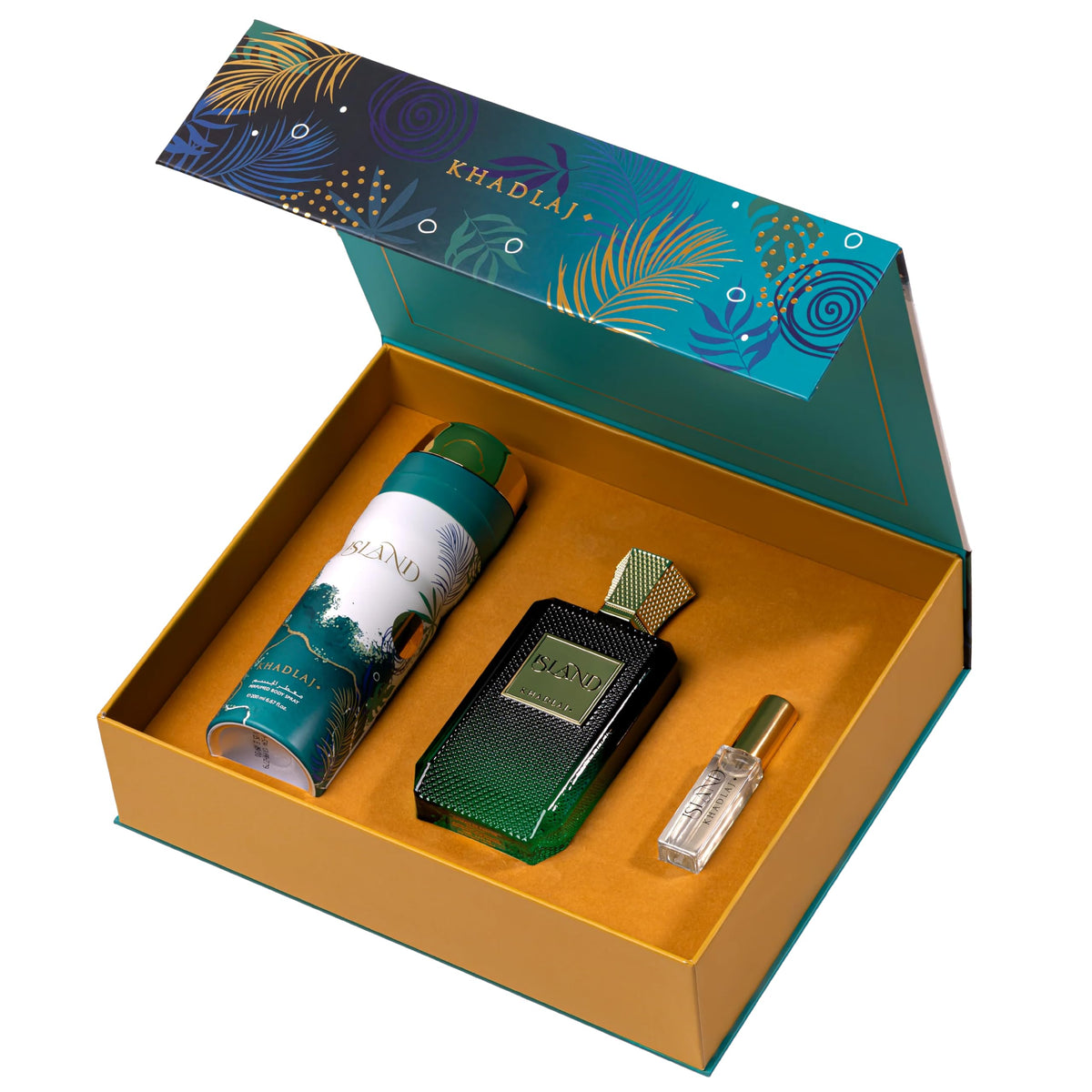 Khadlaj Island 3-Piece Gift Set packaging showcasing all three products