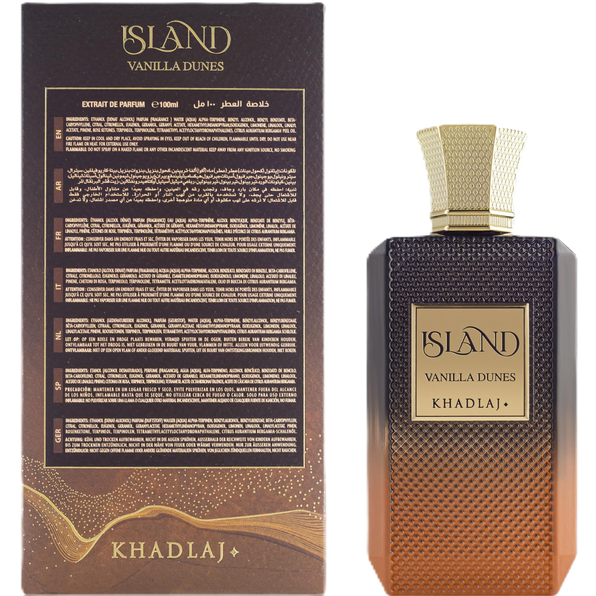 Khadlaj Island Vanilla Dunes packaging with fragrance notes