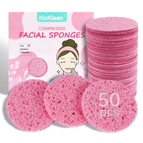 Kickleen 50-count compressed facial sponges pink packaging