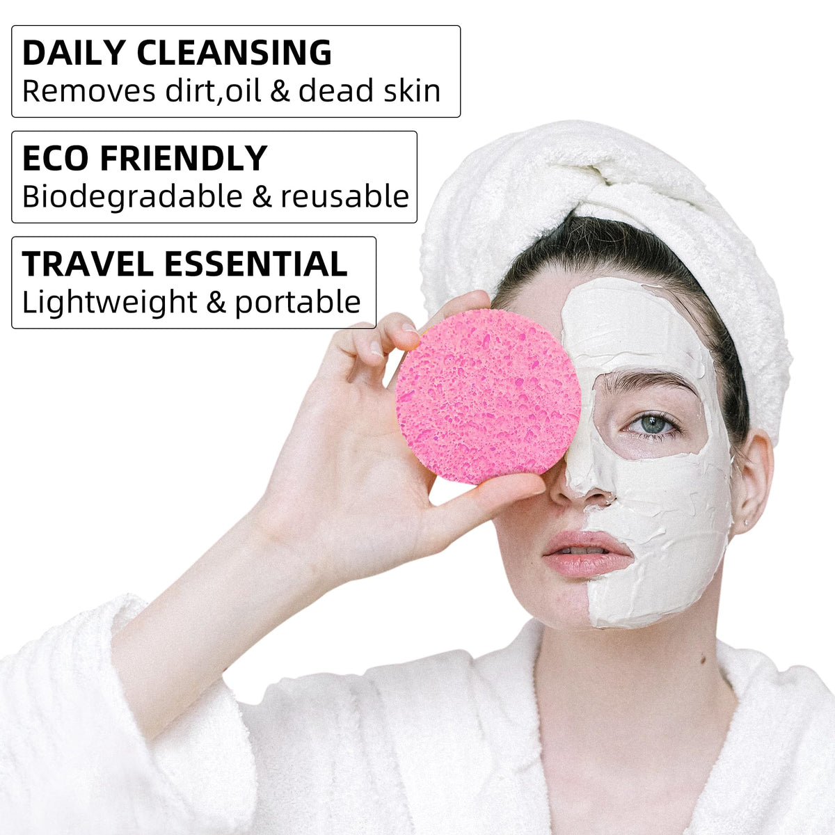 Kickleen 50-count facial sponges displayed on a bathroom counter