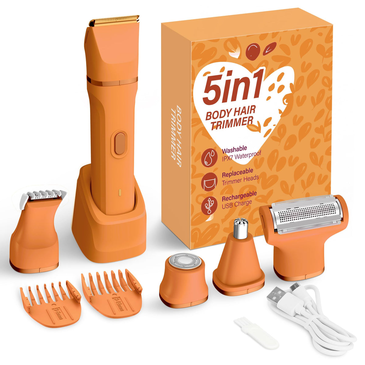 KINGTEE 5-in-1 Electric Bikini Trimmer front view in Pure Orange