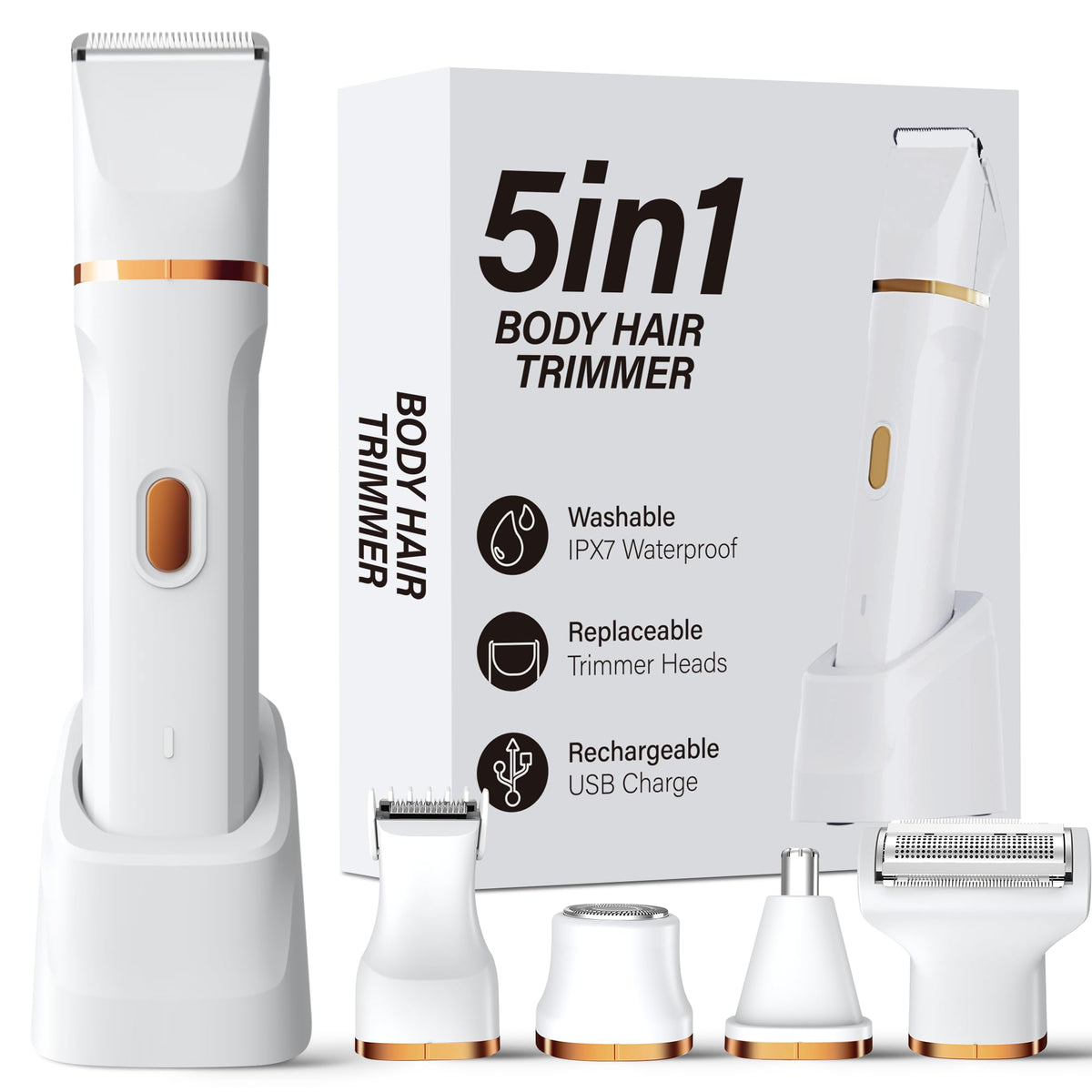 KINGTEE 5-in-1 Electric Bikini Trimmer front view in white