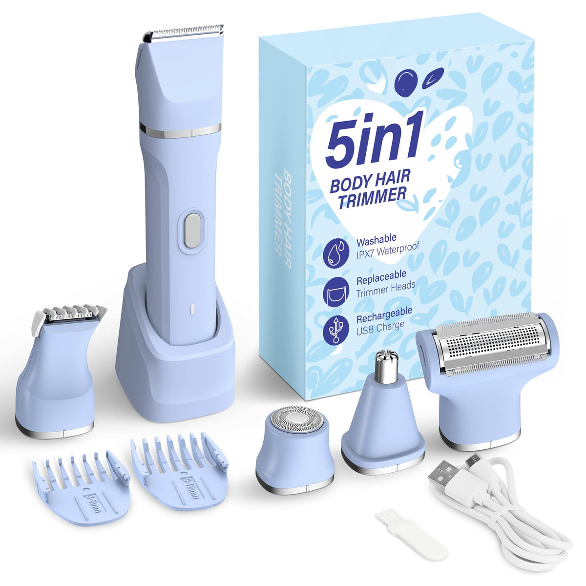 KINGTEE 5-in-1 Electric Bikini Trimmer front view with attachments